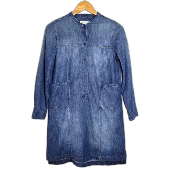 Madewell Vintage Blue Denim Long Sleeve Crew Neck Mini Dress S Buttons Pockets - Picture 1 of 12